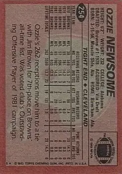 1983 Topps #254 - Ozzie Newsome - Cleveland Browns - Back 1983 Topps #254 - Ozzie Newsome - Cleveland Browns - Back