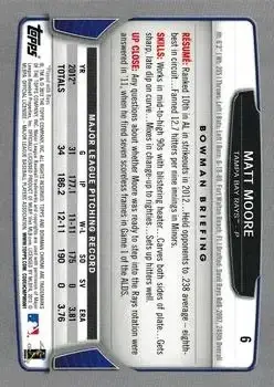 2013 Bowman Chrome #6 - Matt Moore - Tampa Bay Rays - Back
