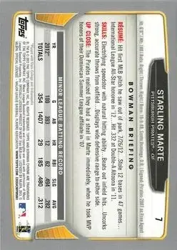 2013 Bowman Chrome #7 - Starling Marte - Pittsburgh Pirates - Back