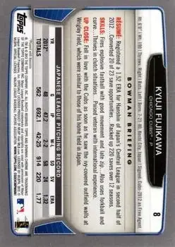 2013 Bowman Chrome #8 - Kyuji Fujikawa - Chicago Cubs - Back