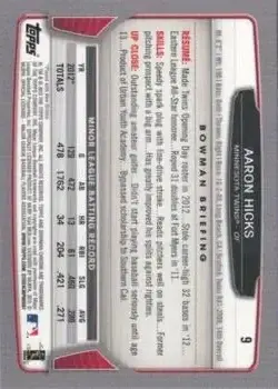 2013 Bowman Chrome #9 - Aaron Hicks - Minnesota Twins - Back