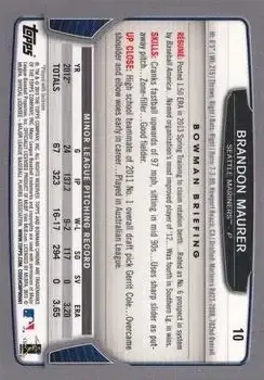 2013 Bowman Chrome #10 - Brandon Maurer - Seattle Mariners - Back