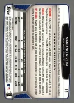 2013 Bowman Chrome #19 - Mariano Rivera - New York Yankees - Back