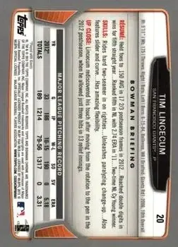 2013 Bowman Chrome #20 - Tim Lincecum - San Francisco Giants - Back