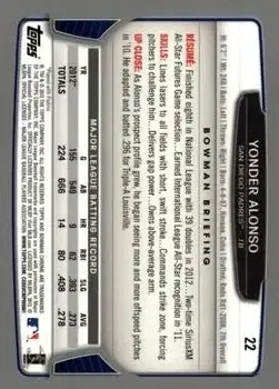 2013 Bowman Chrome #22 - Yonder Alonso - San Diego Padres - Back
