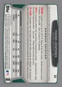 2013 Bowman Chrome #34 - Yoenis Cespedes - Oakland Athletics - Back