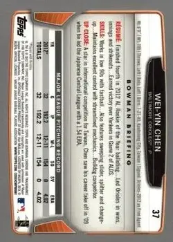 2013 Bowman Chrome #37 - Wei-Yin Chen - Baltimore Orioles - Back