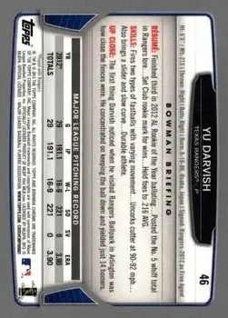 2013 Bowman Chrome #46 - Yu Darvish - Texas Rangers - Back