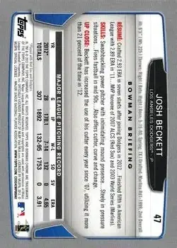 2013 Bowman Chrome #47 - Josh Beckett - Los Angeles Dodgers - Back