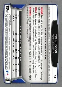 2013 Bowman Chrome #53 - Tim Hudson - Atlanta Braves - Back