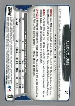 2013 Bowman Chrome #54 - Alex Colome - Tampa Bay Rays - Back