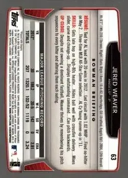 2013 Bowman Chrome #63 - Jered Weaver - Los Angeles Angels - Back