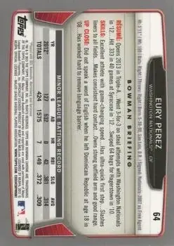 2013 Bowman Chrome #64 - Eury Perez - Washington Nationals - Back