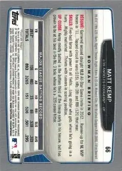 2013 Bowman Chrome #66 - Matt Kemp - Los Angeles Dodgers - Back