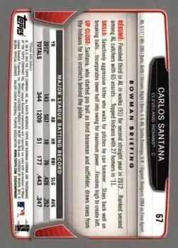 2013 Bowman Chrome #67 - Carlos Santana - Cleveland Indians - Back