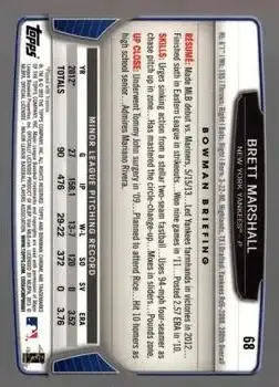 2013 Bowman Chrome #68 - Brett Marshall - New York Yankees - Back