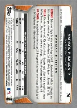 2013 Bowman Chrome #74 - Madison Bumgarner - San Francisco Giants - Back