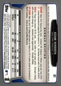 2013 Bowman Chrome #81 - Adam Warren - New York Yankees - Back