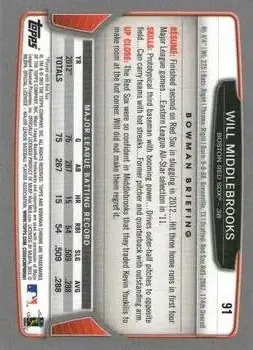 2013 Bowman Chrome #91 - Will Middlebrooks - Boston Red Sox - Back