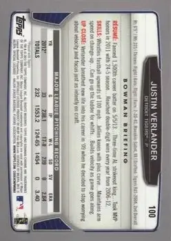 2013 Bowman Chrome #100 - Justin Verlander - Detroit Tigers - Back