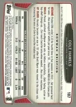 2013 Bowman Chrome #107 - Cole Hamels - Philadelphia Phillies - Back