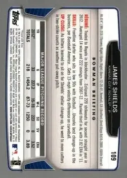 2013 Bowman Chrome #109 - James Shields - Kansas City Royals - Back