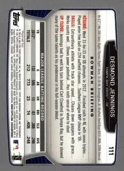 2013 Bowman Chrome #111 - Desmond Jennings - Tampa Bay Rays - Back