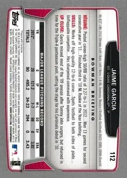 2013 Bowman Chrome #112 - Jaime Garcia - St. Louis Cardinals - Back