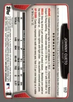 2013 Bowman Chrome #117 - Johnny Cueto - Cincinnati Reds - Back
