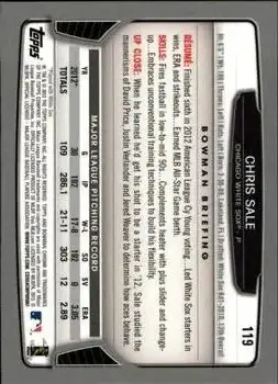 2013 Bowman Chrome #119 - Chris Sale - Chicago White Sox - Back
