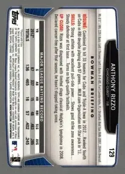 2013 Bowman Chrome #129 - Anthony Rizzo - Chicago Cubs - Back