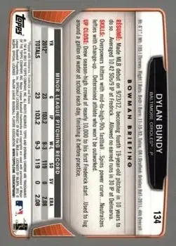 2013 Bowman Chrome #134 - Dylan Bundy - Baltimore Orioles - Back