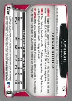 2013 Bowman Chrome #137 - Jason Motte - St. Louis Cardinals - Back