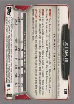 2013 Bowman Chrome #138 - Joe Mauer - Minnesota Twins - Back