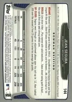 2013 Bowman Chrome #144 - Jean Segura - Milwaukee Brewers - Back