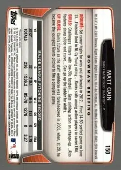 2013 Bowman Chrome #150 - Matt Cain - San Francisco Giants - Back