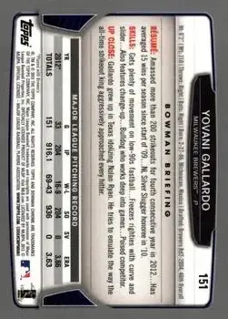 2013 Bowman Chrome #151 - Yovani Gallardo - Milwaukee Brewers - Back