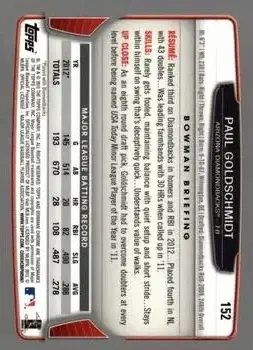 2013 Bowman Chrome #152 - Paul Goldschmidt - Arizona Diamondbacks - Back