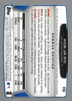2013 Bowman Chrome #154 - Hyun-Jin Ryu - Los Angeles Dodgers - Back
