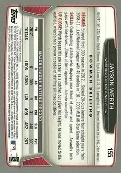 2013 Bowman Chrome #155 - Jayson Werth - Washington Nationals - Back