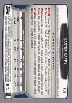 2013 Bowman Chrome #168 - Carter Capps - Seattle Mariners - Back