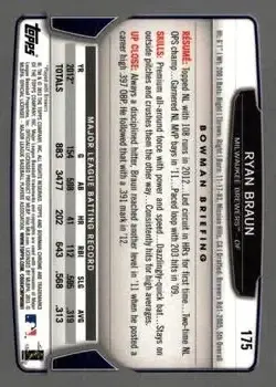 2013 Bowman Chrome #175 - Ryan Braun - Milwaukee Brewers - Back