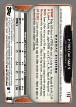 2013 Bowman Chrome #181 - Kevin Gausman - Baltimore Orioles - Back