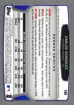 2013 Bowman Chrome #186 - Carlos Gonzalez - Colorado Rockies - Back