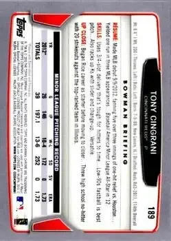 2013 Bowman Chrome #189 - Tony Cingrani - Cincinnati Reds - Back