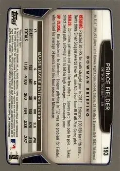 2013 Bowman Chrome #193 - Prince Fielder - Detroit Tigers - Back