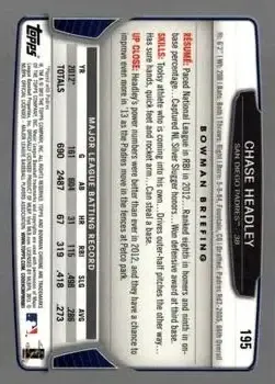2013 Bowman Chrome #195 - Chase Headley - San Diego Padres - Back