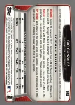 2013 Bowman Chrome #198 - Gio Gonzalez - Washington Nationals - Back