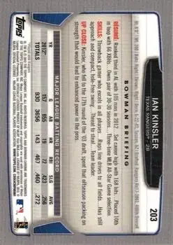 2013 Bowman Chrome #203 - Ian Kinsler - Texas Rangers - Back