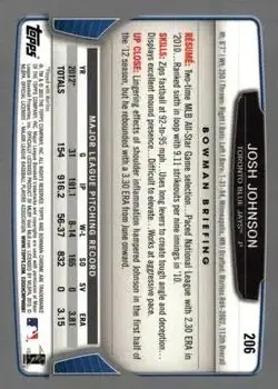 2013 Bowman Chrome #206 - Josh Johnson - Toronto Blue Jays - Back